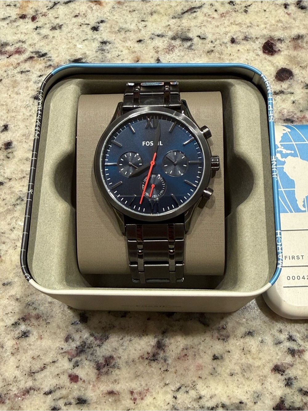 Fossil Men's Blue Dial Stainless Steel Chronograph Watch with Red Accents